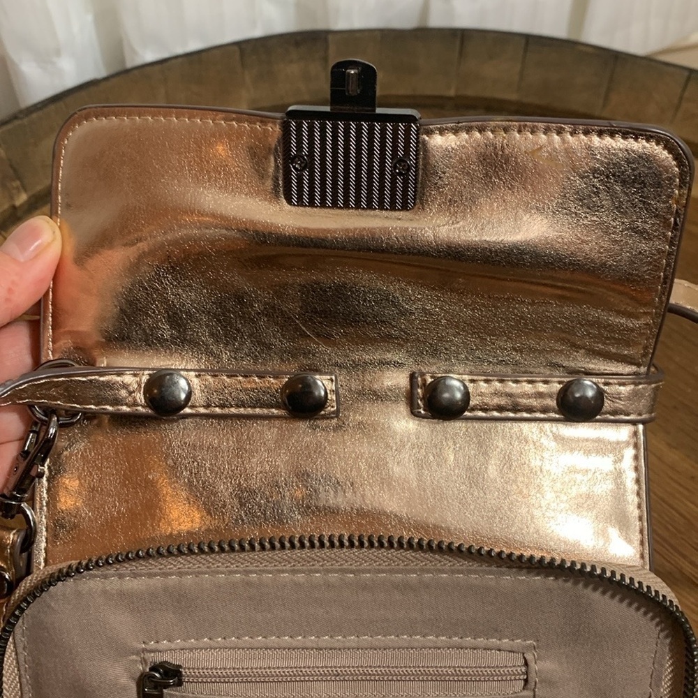 Sondra Roberts | Rose Gold Faux Leather Crossbody Wristlet Clutch Zip Around Bag - Picture 11 of 17